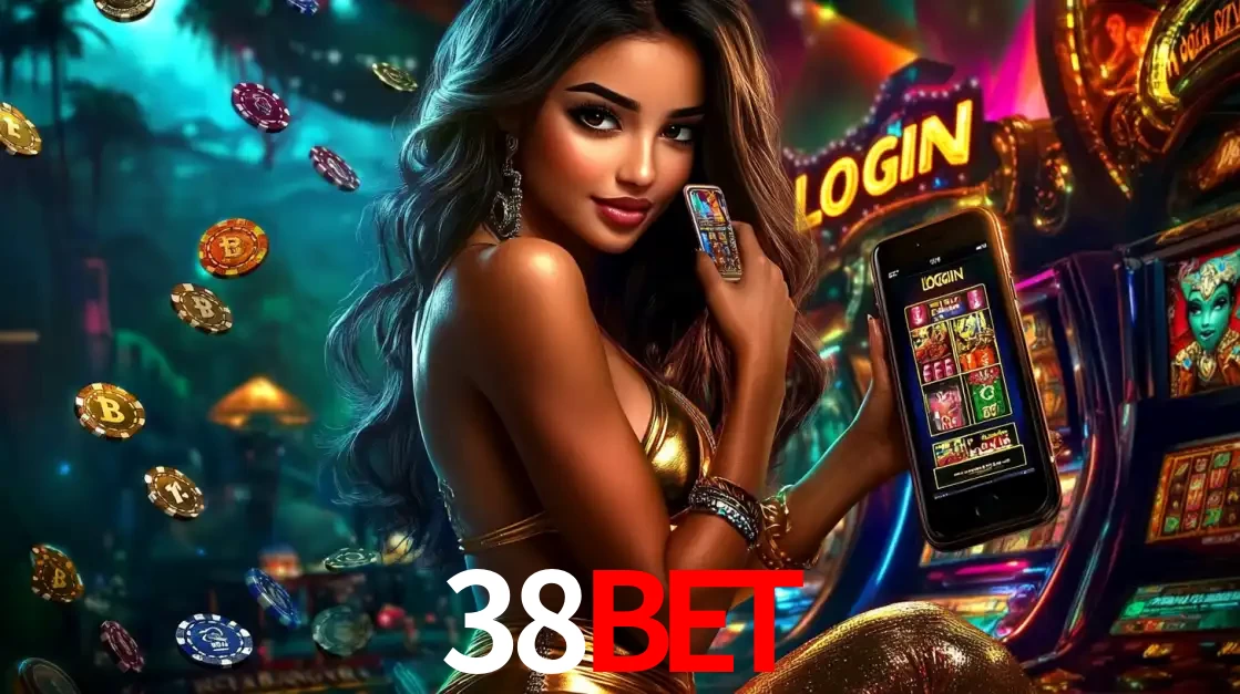 Mulher em um cenário de cassino temático de aventura, mostrando o app de caça-níqueis da 38bet no celular. Fichas de apostas flutuam ao redor.