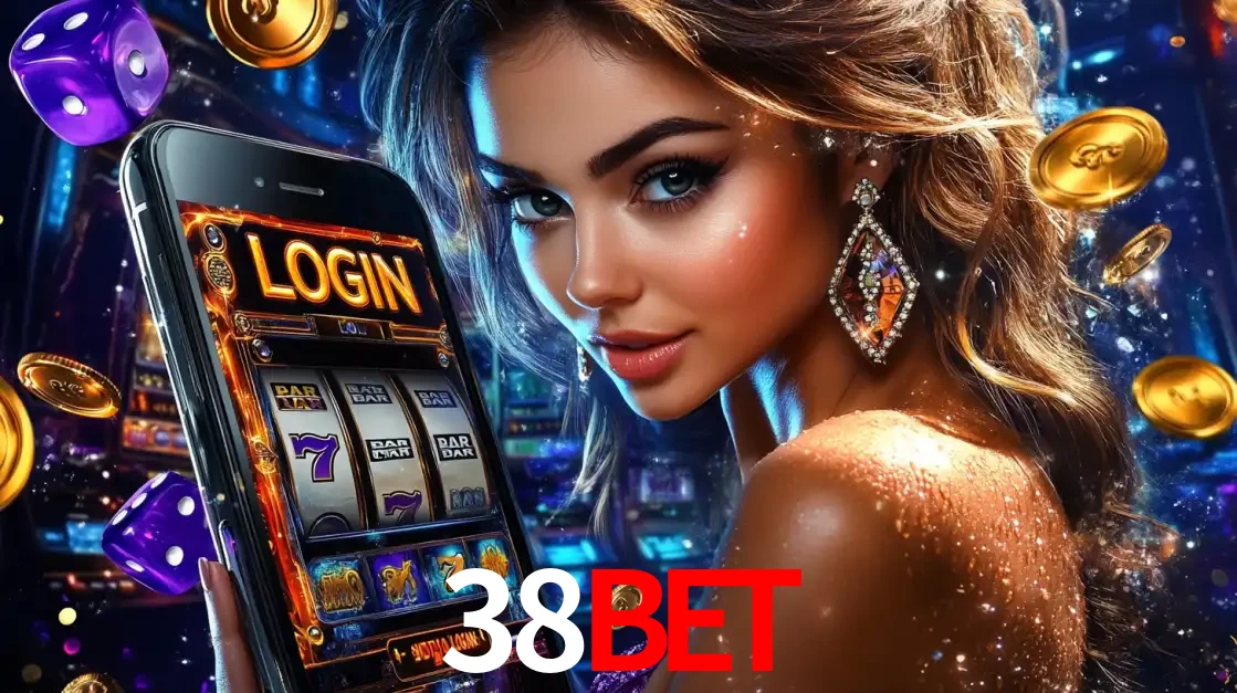 Mulher glamorosa segurando um smartphone com a tela de login para os jogos de caça-níqueis do cassino online 38bet, com moedas de ouro e dados ao redor.