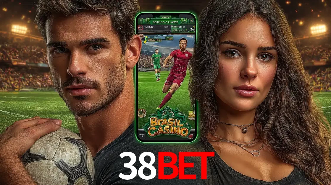 Homem segurando uma bola de futebol e uma mulher ao lado de um smartphone exibindo o jogo de apostas esportivas da 38bet. Faça seu palpite no cassino online.